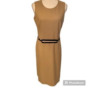 PAULE KA DRESS TAN SHEATH MIDI SLEEVELESS BLACK LEATHER BELT FRANCE 42 US 8